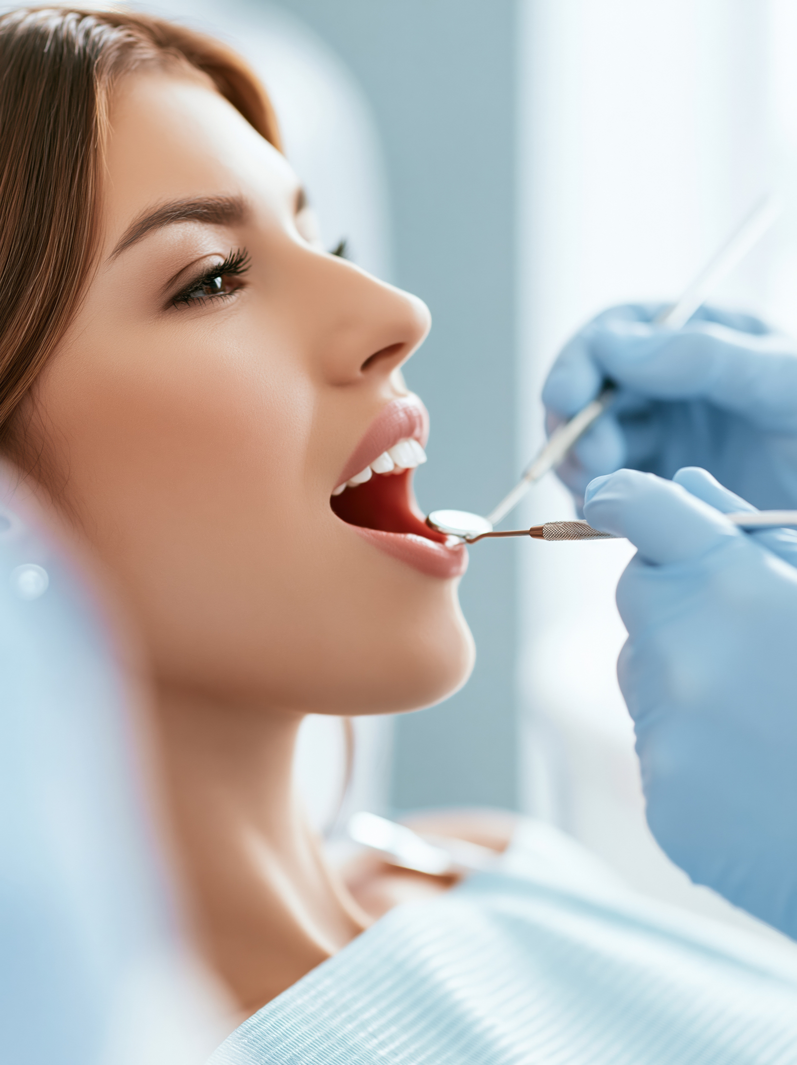 Close up of a young woman receiving dental examination with dental tools and bright lighting